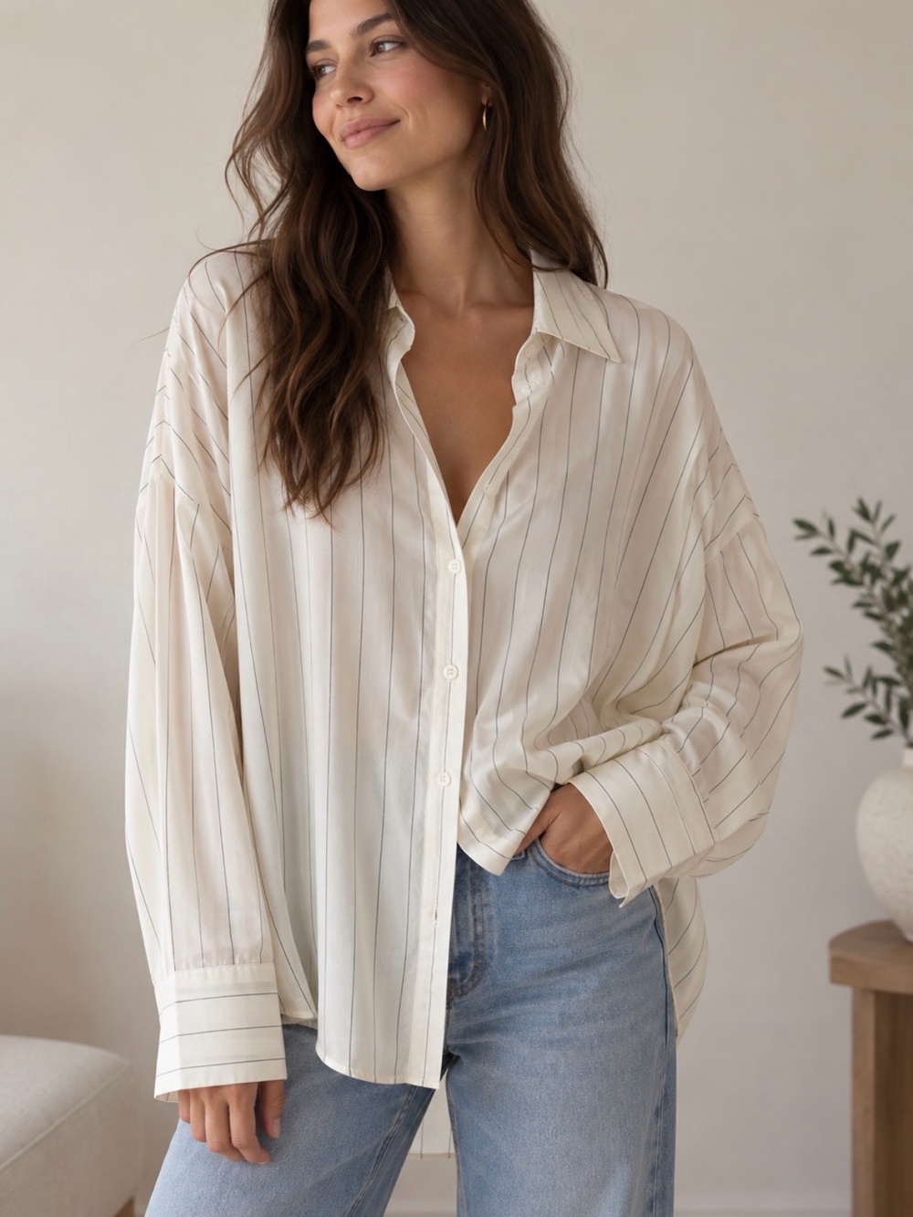 Express Cream Button-Down with Thin Stripes